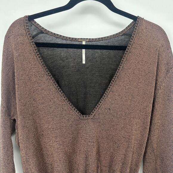 Free People linen long sleeve blouse size XS deep V shiny brown sexy going out - Picture 2 of 9